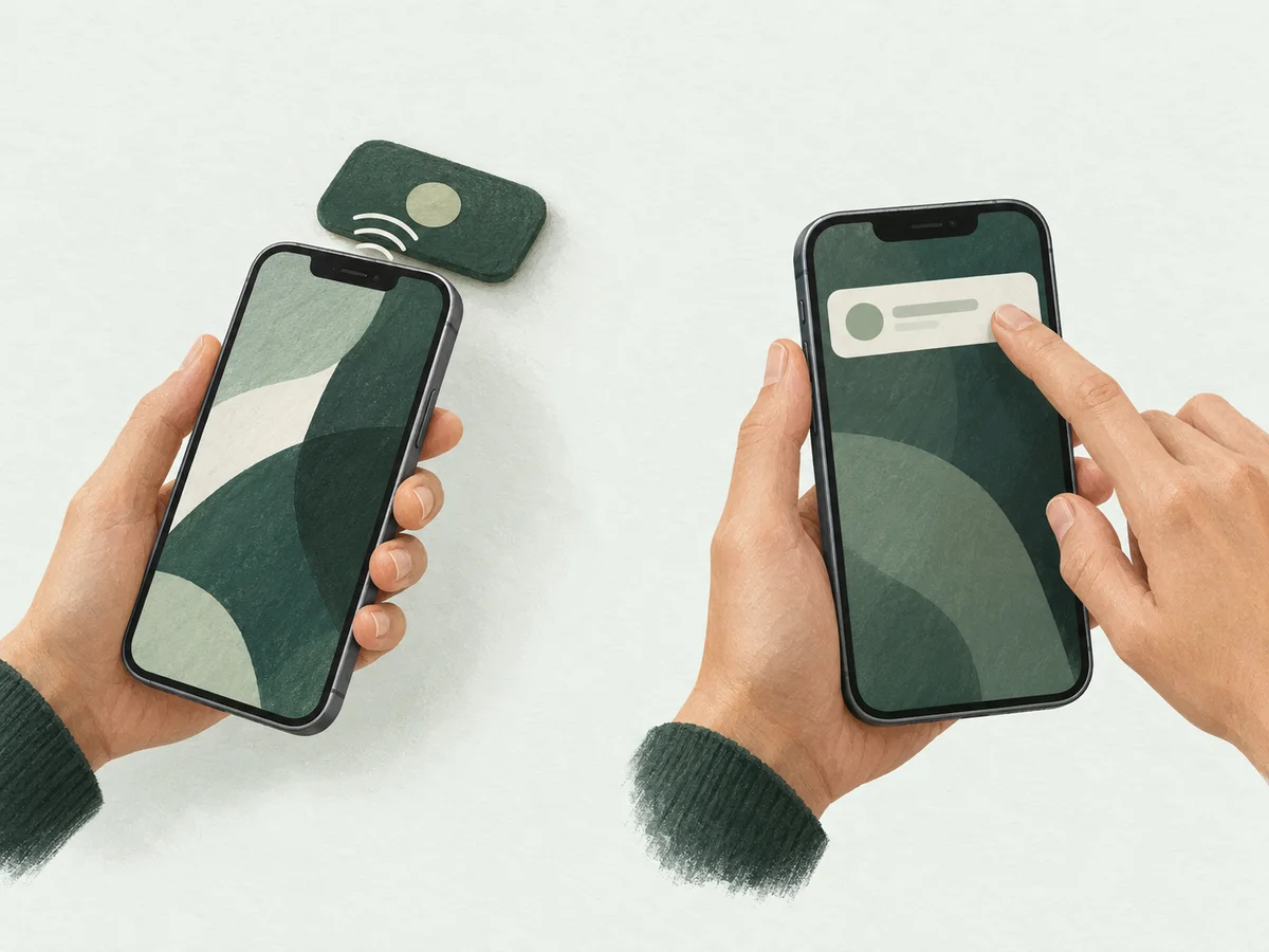 Diagram: hold the top of your iPhone near the NFC tag, then tap the notification on your phone.